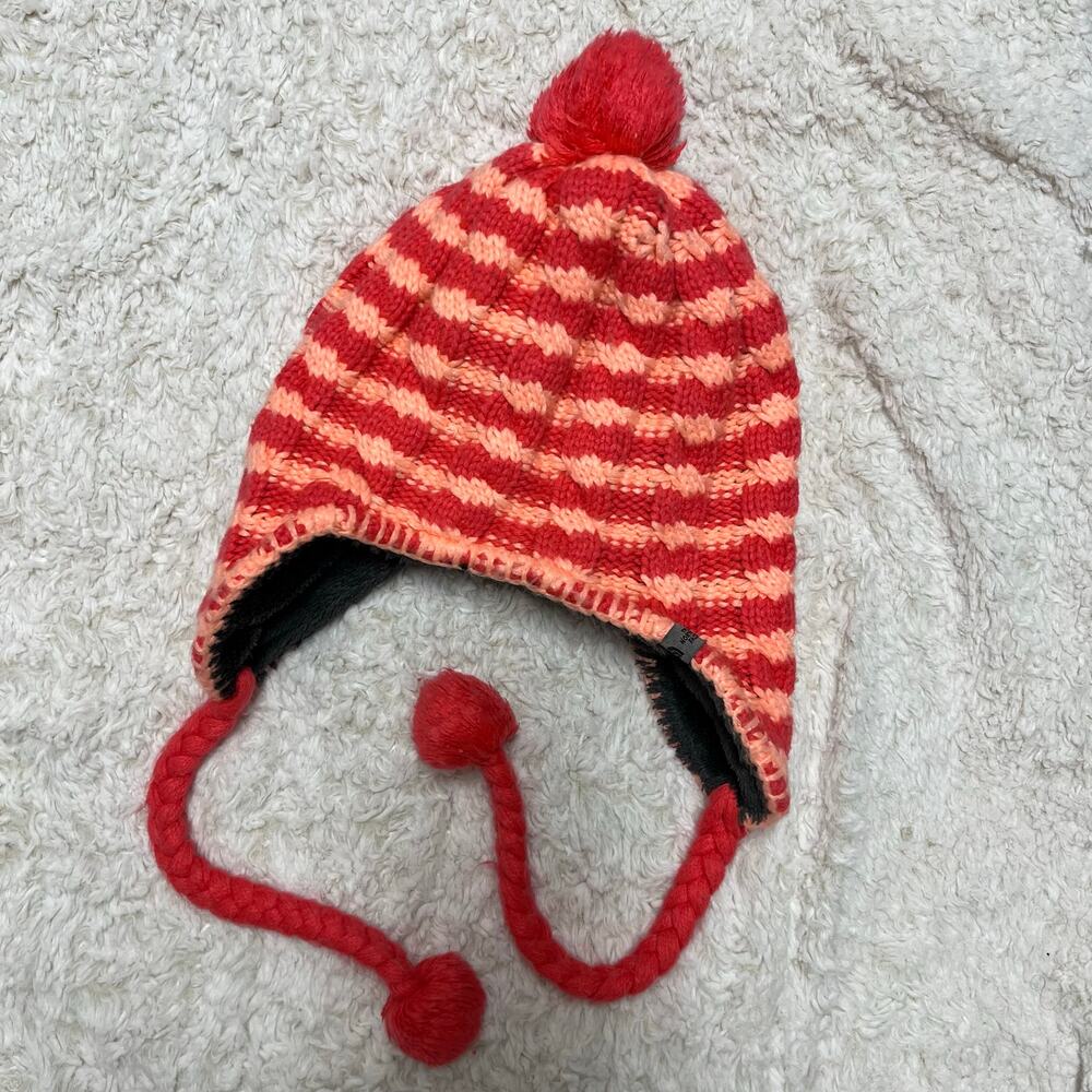 The North Face Peruvian Earflap Beanie Pom Hat Fleece Lined Red Orange Winter - Picture 3 of 6